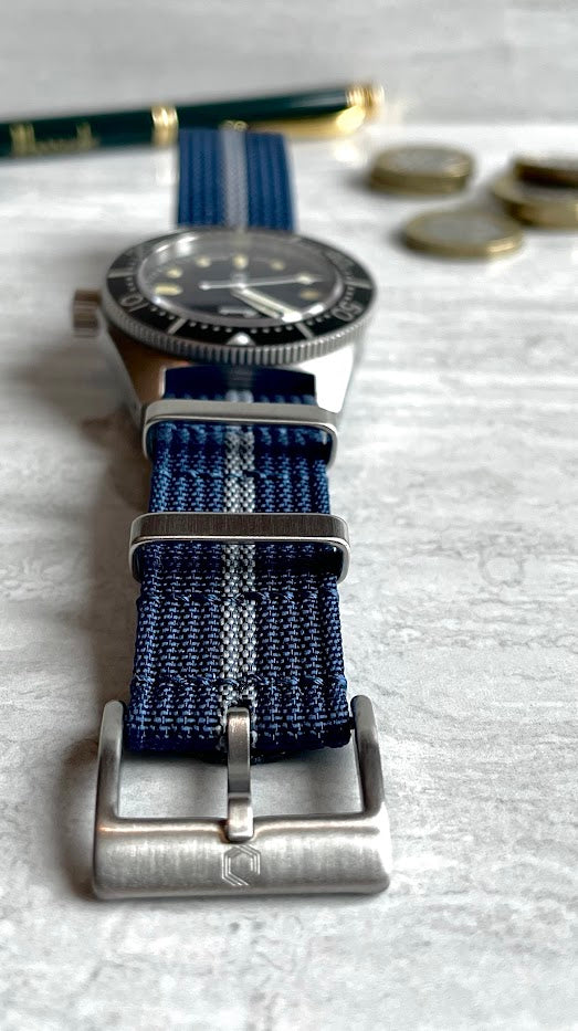 The 'Bonnie Robin' - Blue and grey single pass ribbed nylon strap