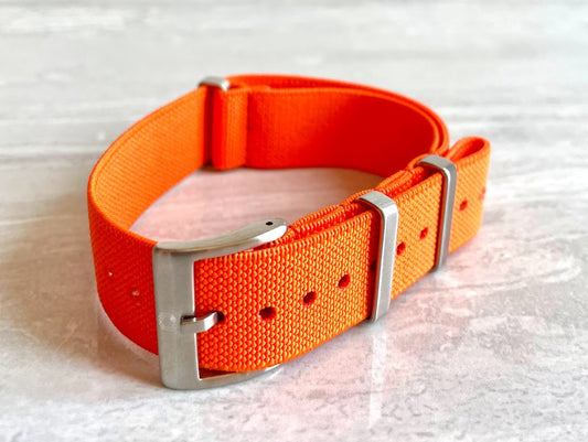 The 'South Coast Sunset' - An orange elasticated military style watch strap made of quality stretchy nylon