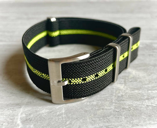 The 'Bullet Bee' - A black and green elasticated military style watch strap made of quality stretchy nylon
