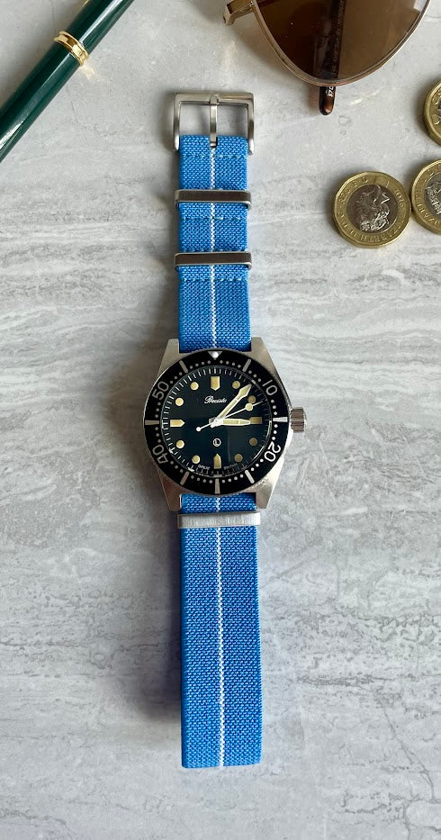 The 'Laserlite' - A blue and white elasticated military style watch strap made of quality stretchy nylon
