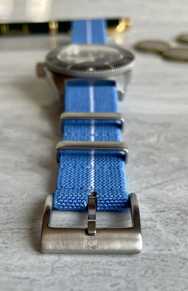 The 'Laserlite' - A blue and white elasticated military style watch strap made of quality stretchy nylon