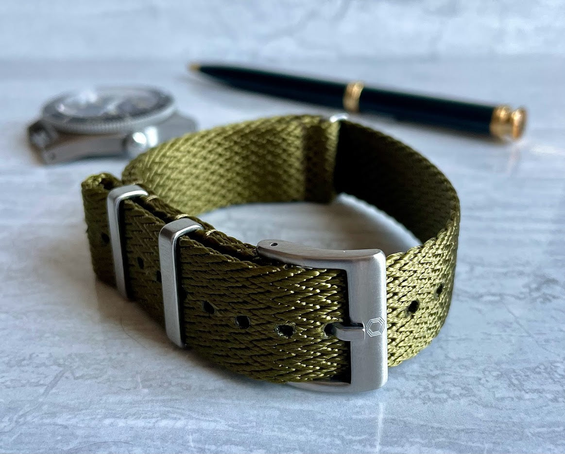 The 'Moose Horn' - Olive green Herringbone patterned military watch strap made of soft nylon