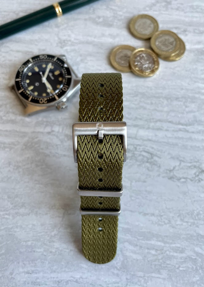 The 'Moose Horn' - Olive green Herringbone patterned military watch strap made of soft nylon