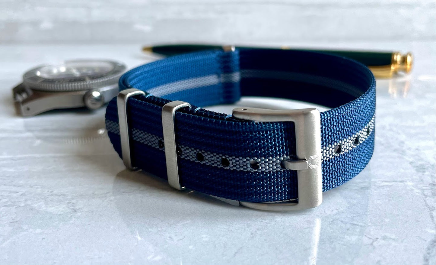 The 'Victory' - Blue and grey adjustable watch strap made of ribbed nylon