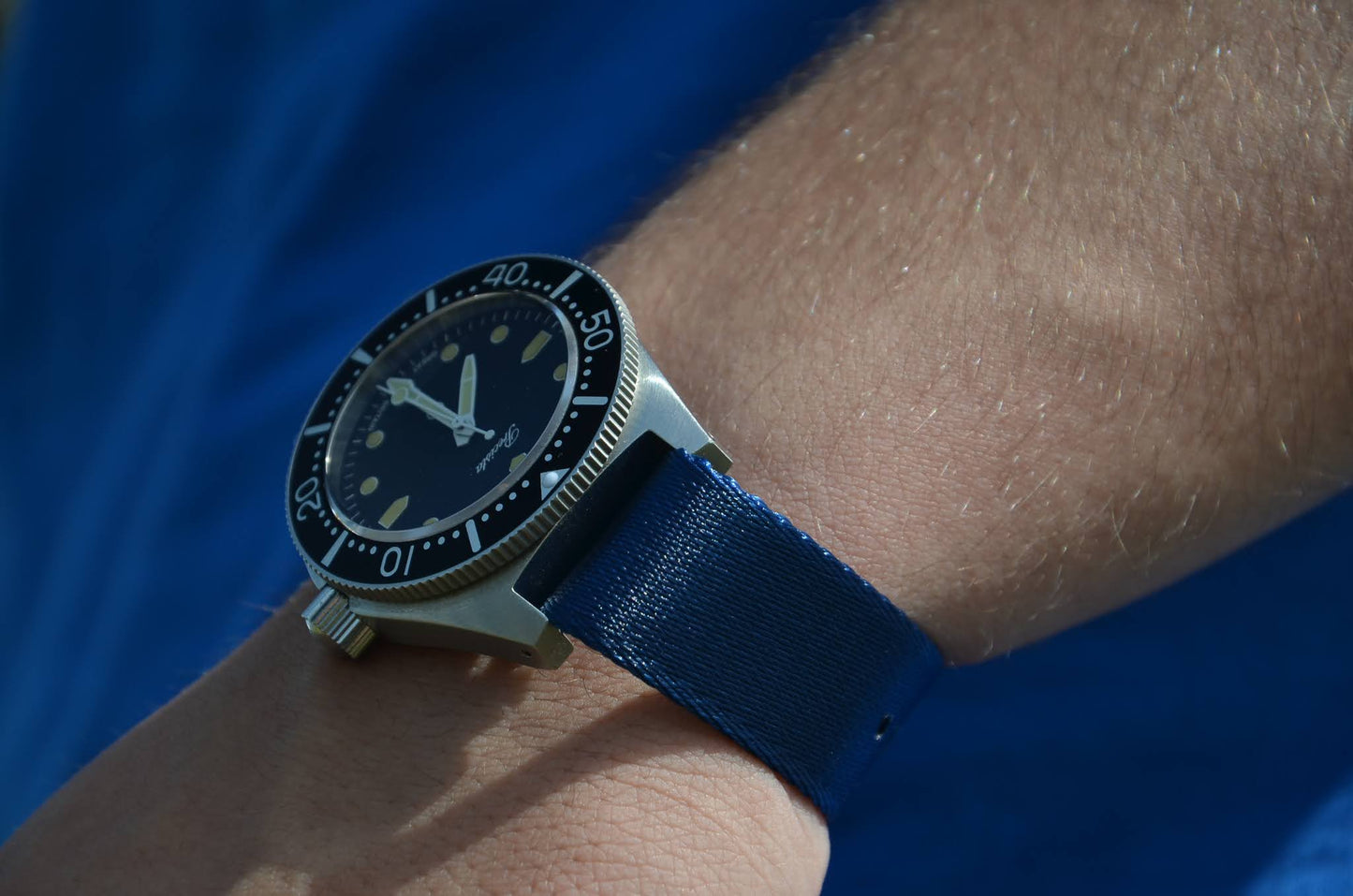 The 'Blue Bomber' - Blue adjustable military watch strap made of a soft seat belt nylon