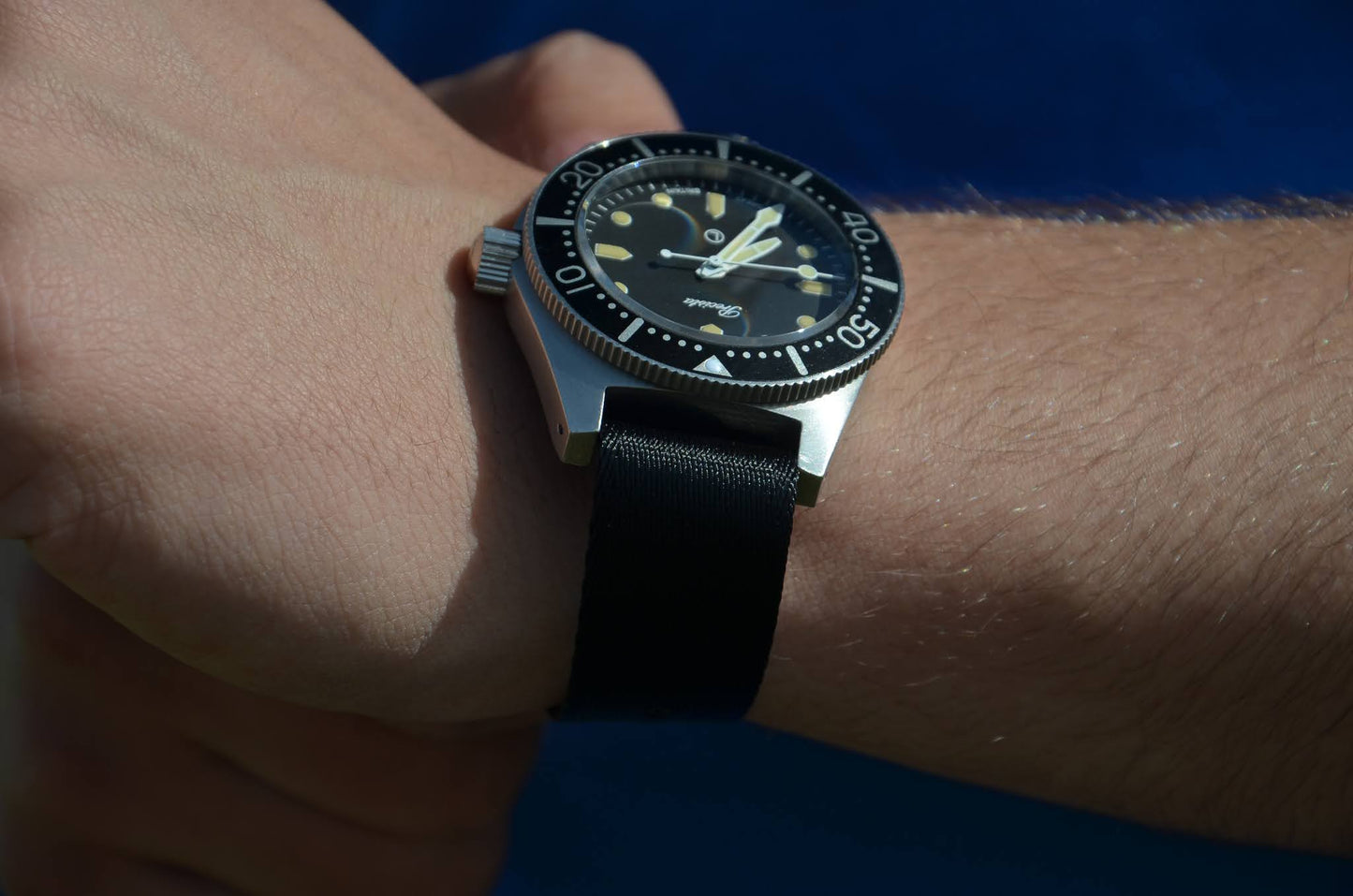 The 'Bangkok Sky' - Single pass black watch strap made of a soft seatbelt nylon