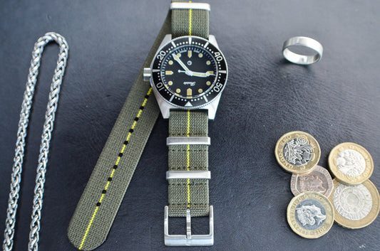 The 'Trafalgar' - Green and yellow elasticated military watch strap made of quality stretchy nylon