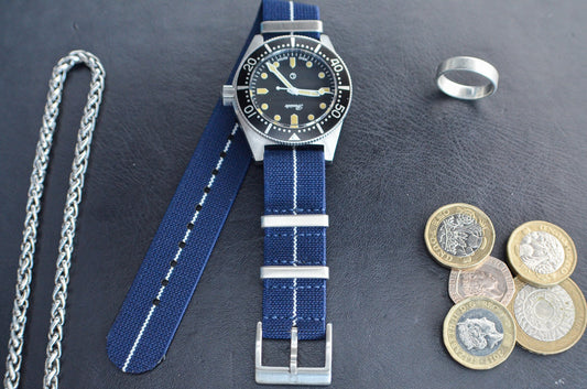The 'Nelson' - Blue and white elasticated military watch strap made of quality stretchy nylon