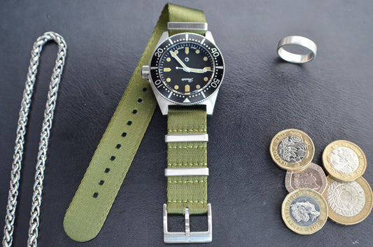 The 'Highlander' - Green adjustable military watch strap made of a soft seat belt nylon