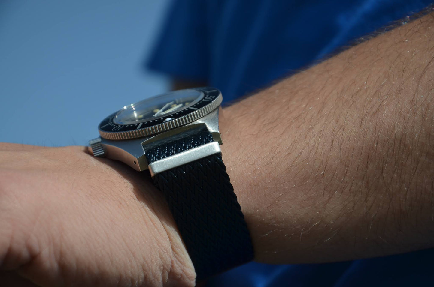 The 'Alexander' - Blue Herringbone patterned military watch strap made of a soft nylon