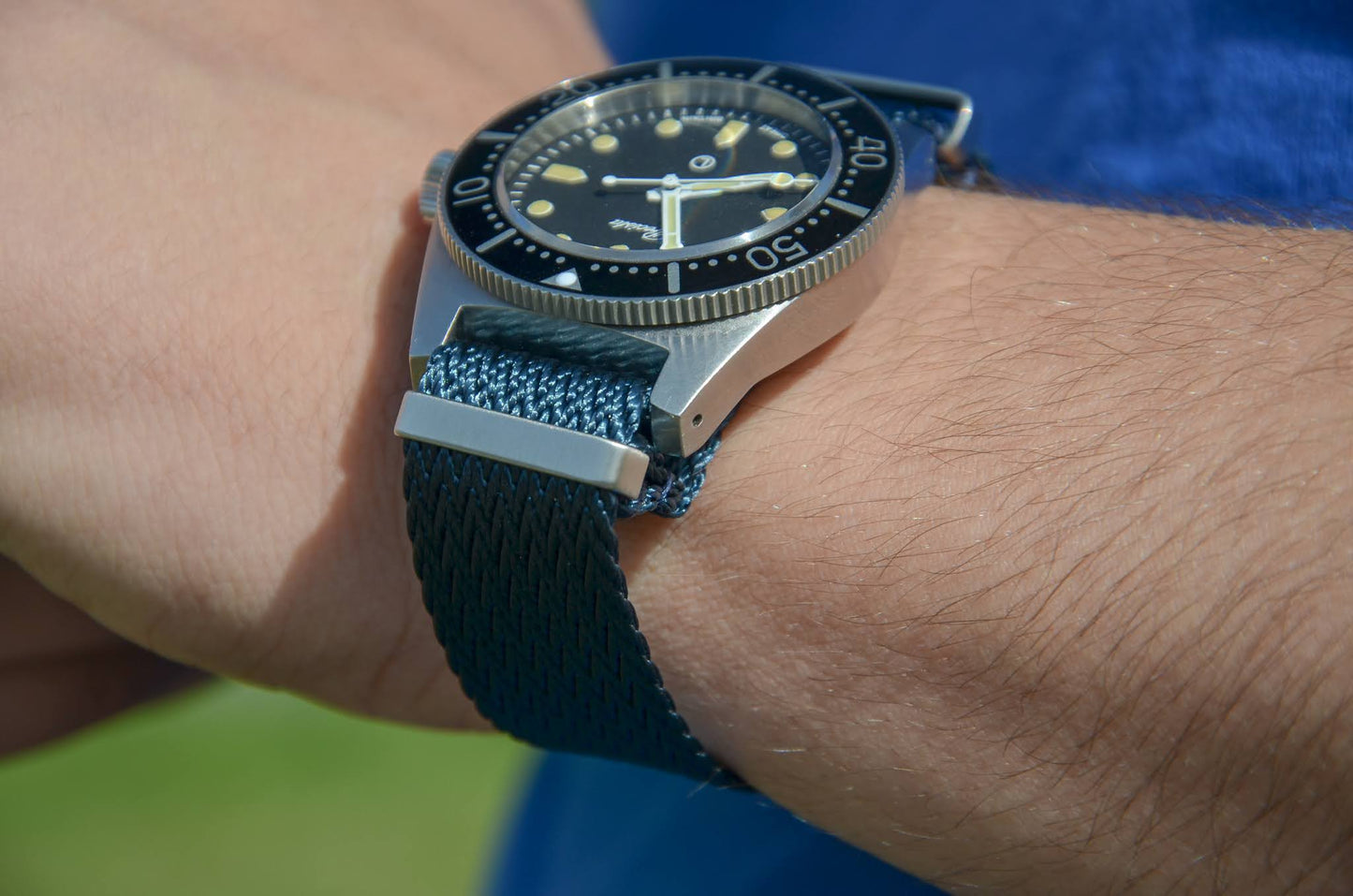 The 'Alexander' - Blue Herringbone patterned military watch strap made of a soft nylon